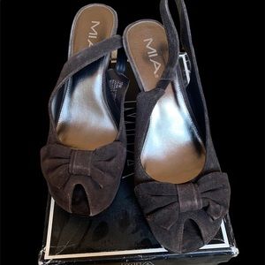 MIA Celine Black Suede Peep-Toe Bow Wedge